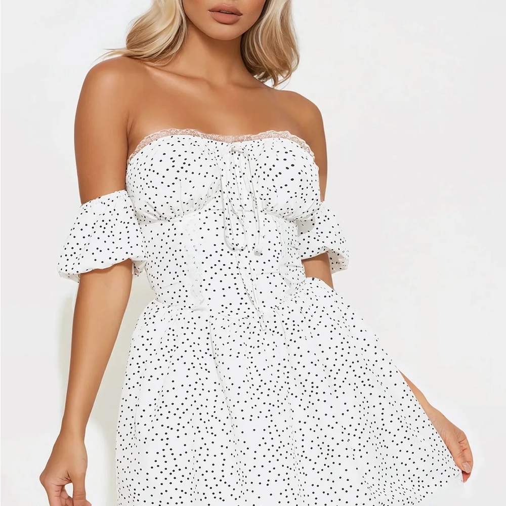 Fashion Nova Strapless White and Black Polka Dot Dress